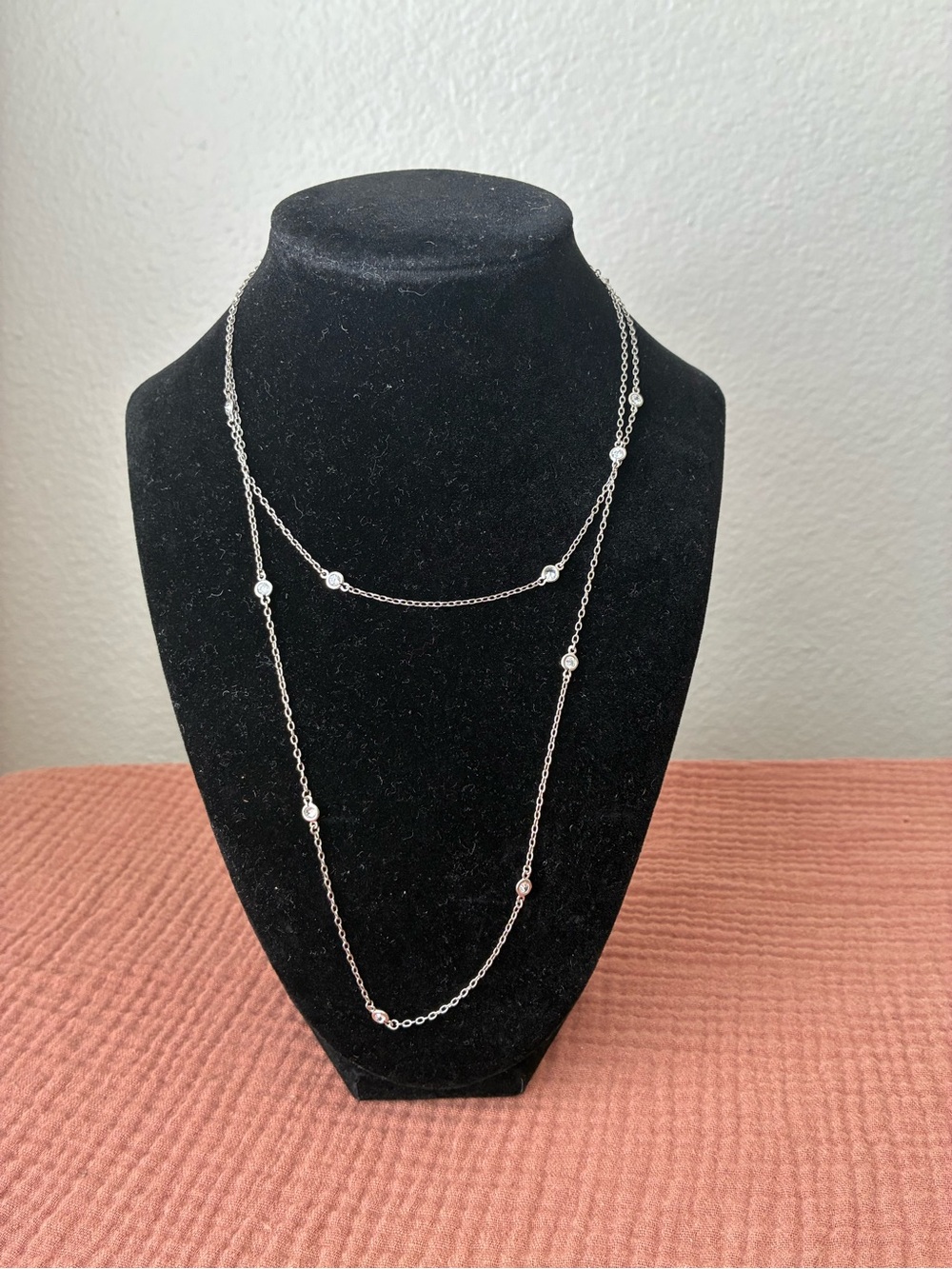 Delicate Silver Layered Long Necklace - 925 Sterling Silver 34”